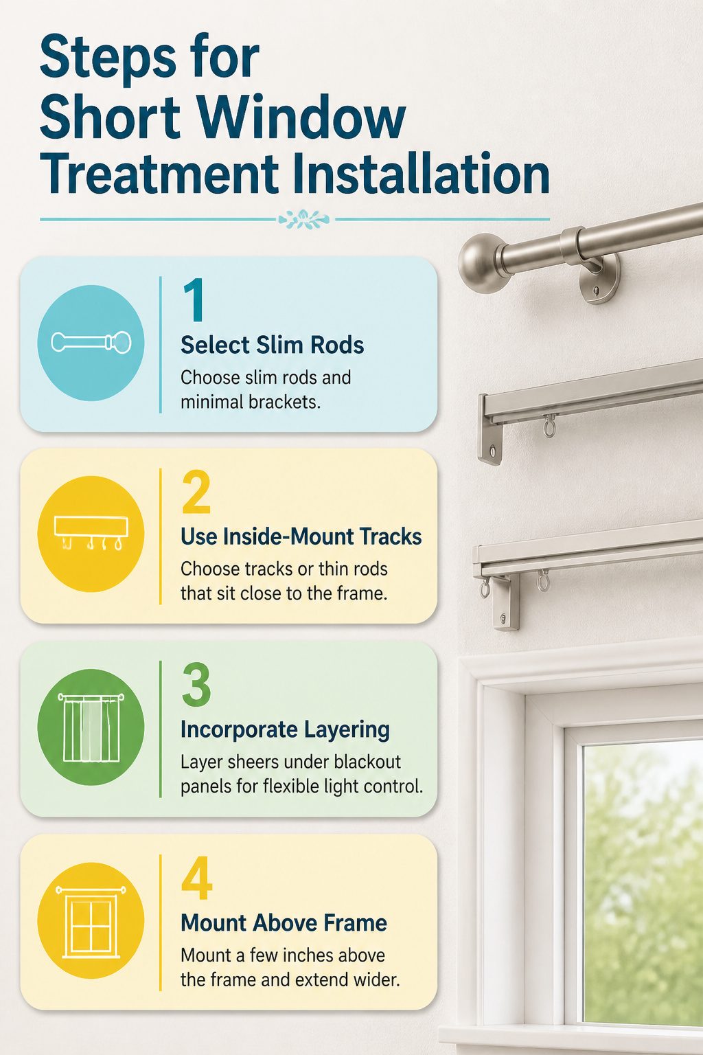 Steps for installing window treatments on short windows with minimal hardware.