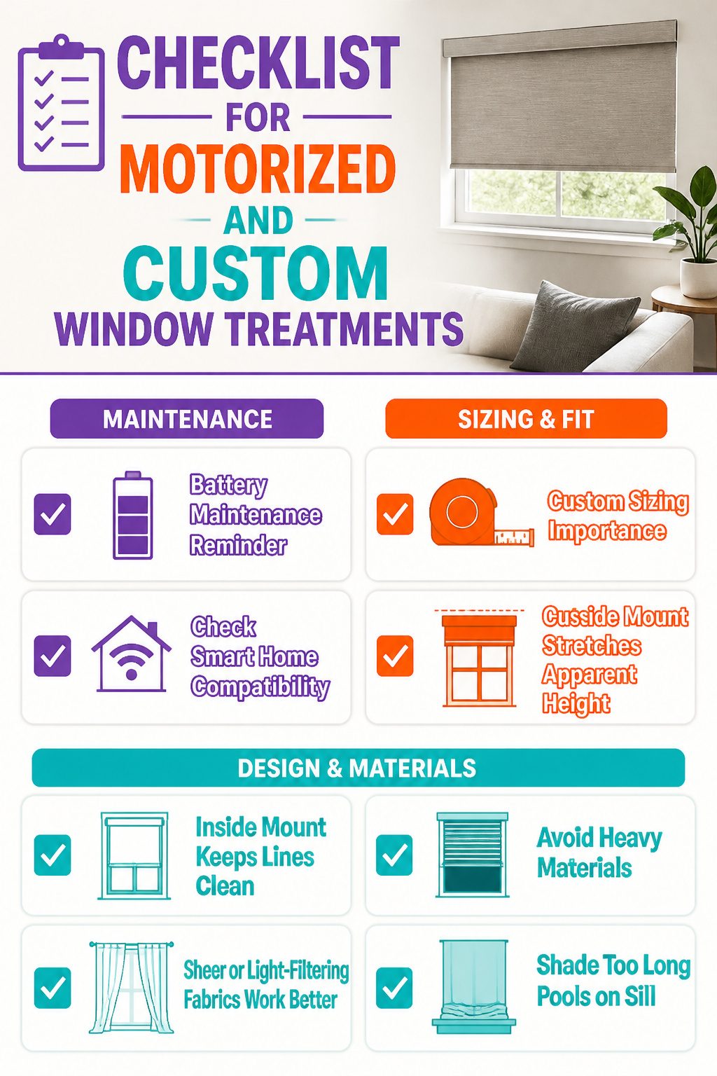 Checklist for motorized and custom window treatments for short windows.