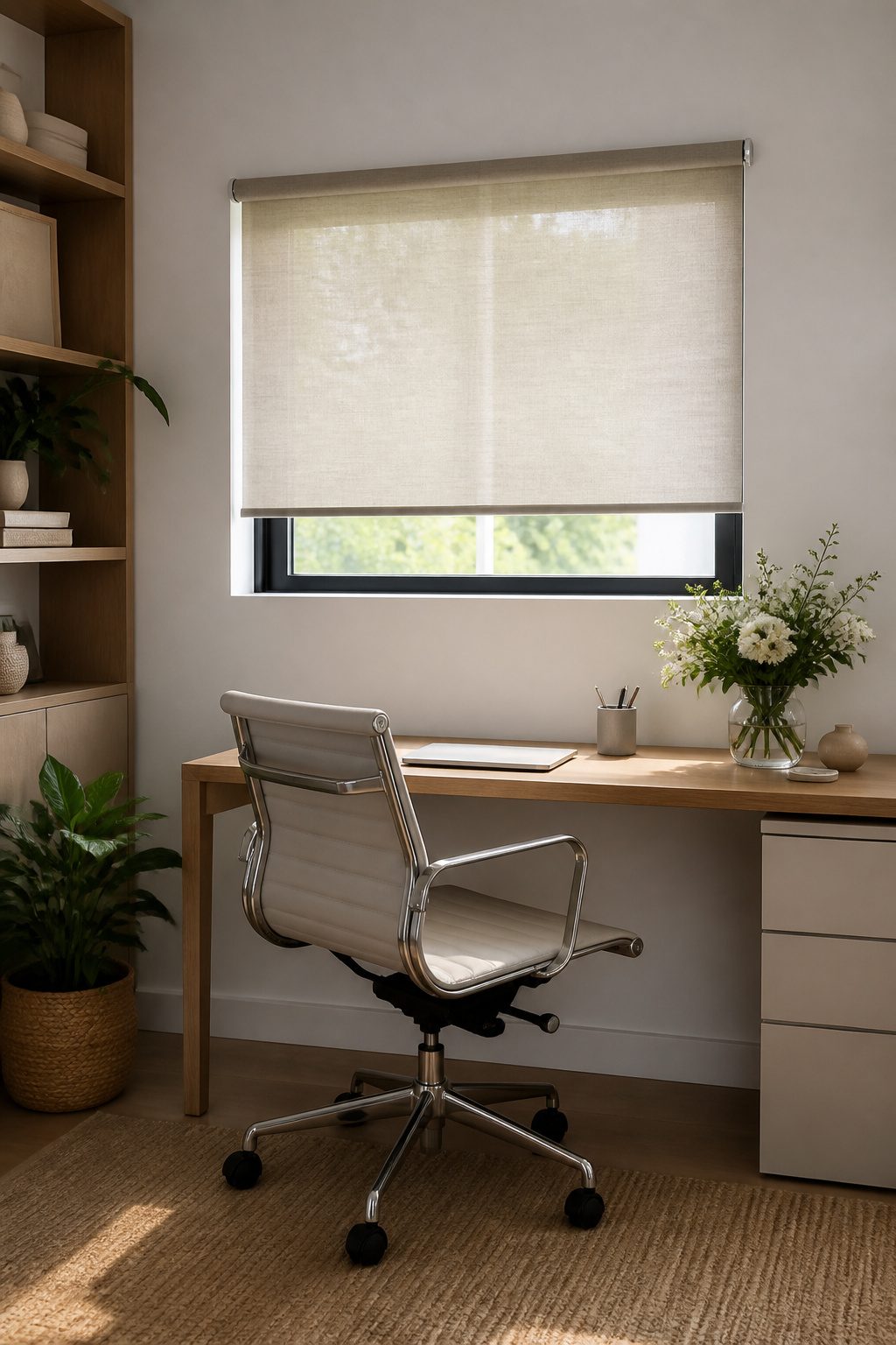 Sleek roller shade mounted on a short window in a modern home office.