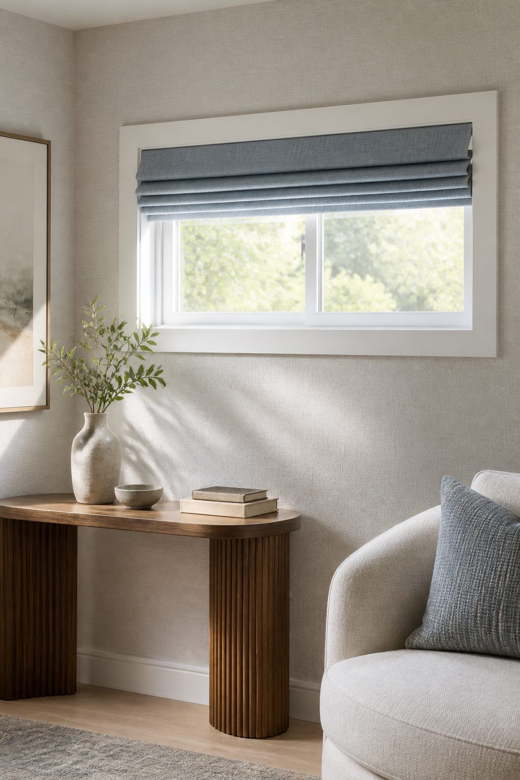 Roman shades in pale blue fabric draping gracefully inside a short window.