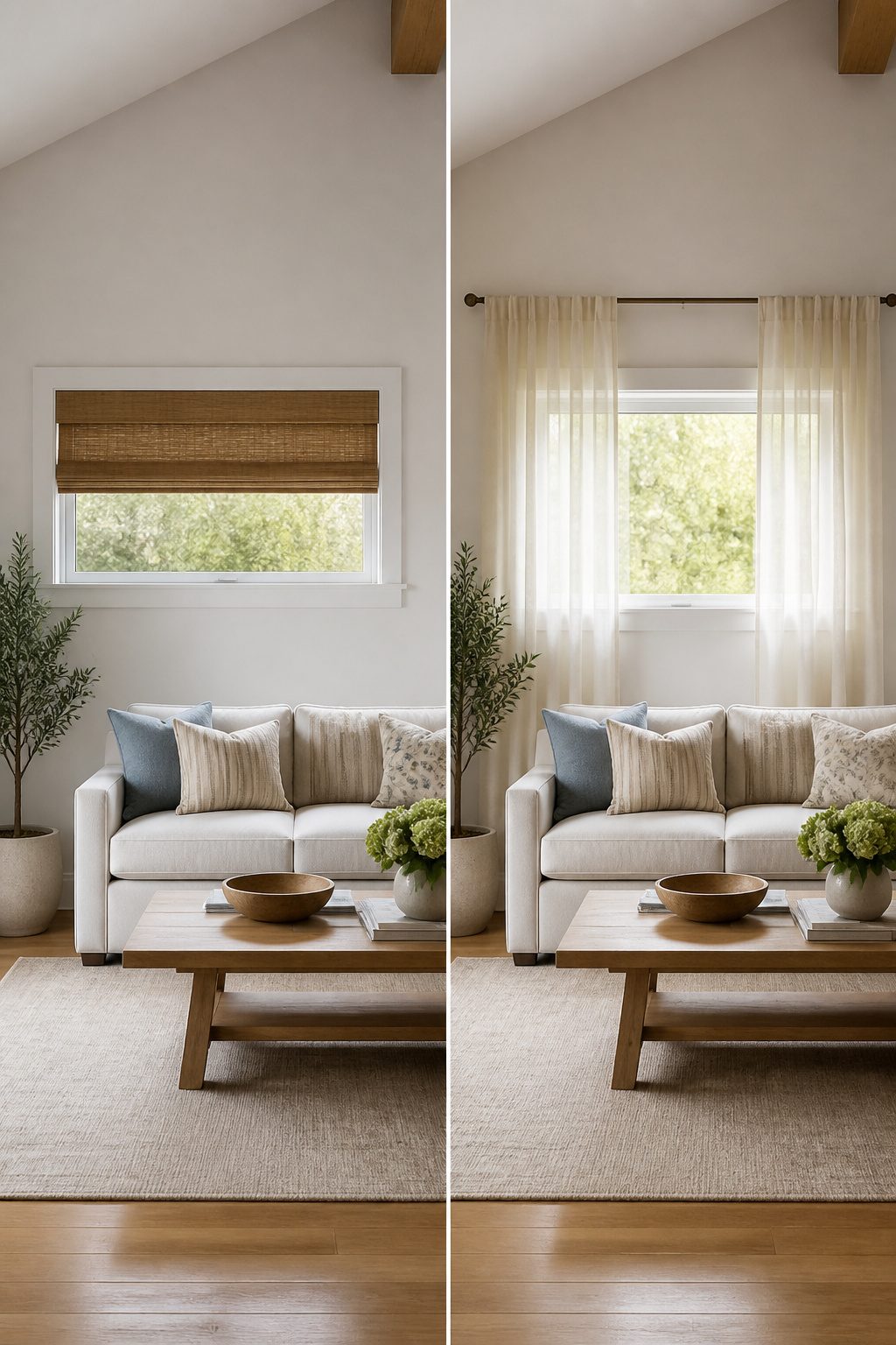 Light sheer panels hanging from a rod near a short window.