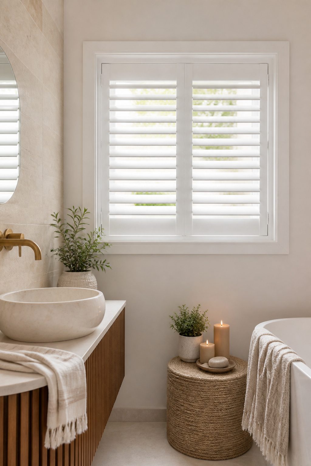 Custom-made shutters installed in a short window with clean lines.