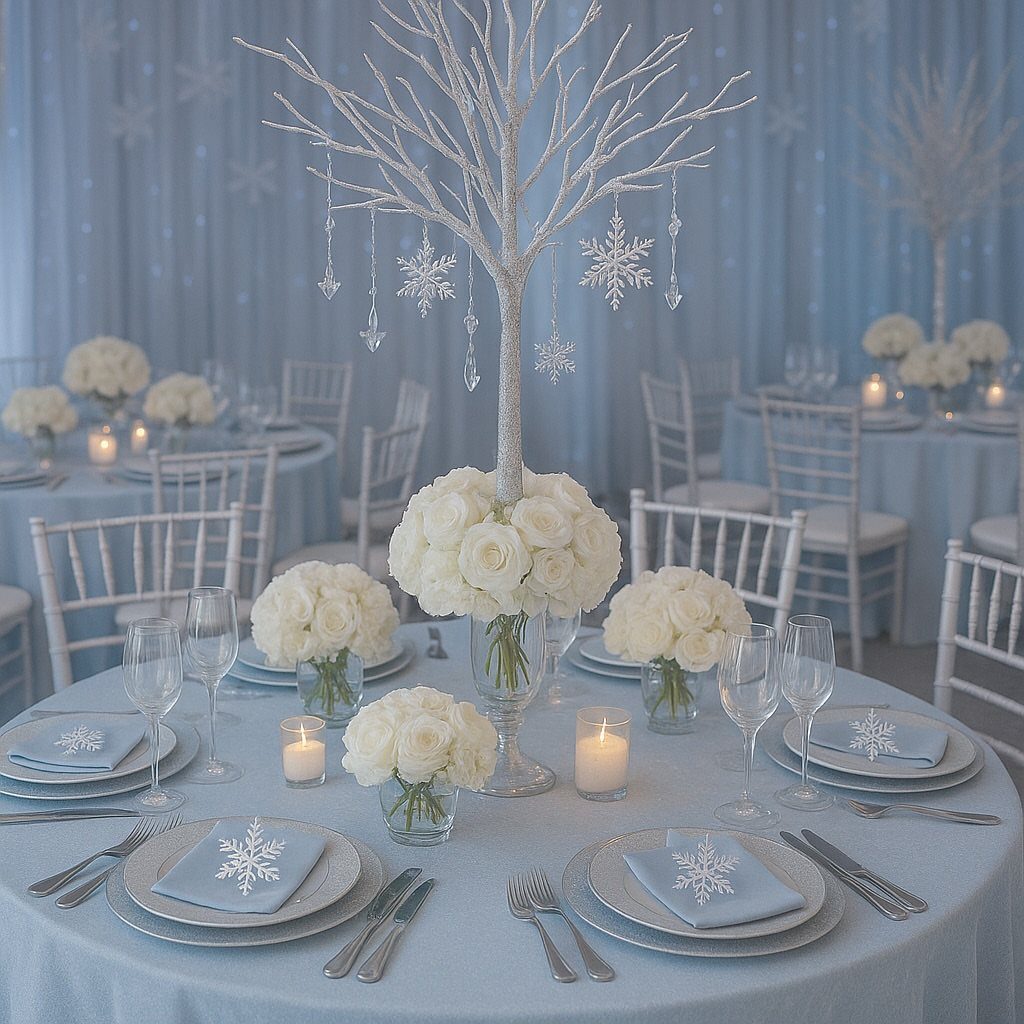 A white centerpiece with frosted bare branches and crystal snowflakes above white roses on a blue table.