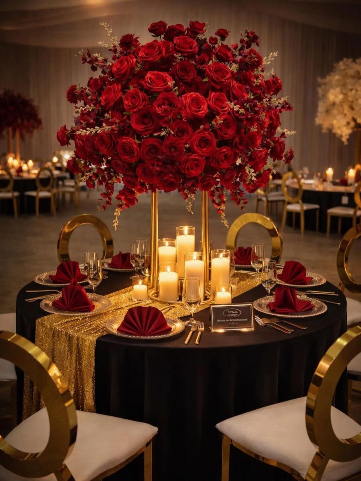 Red rose centerpiece with glowing candles on a black and gold wedding table setting.