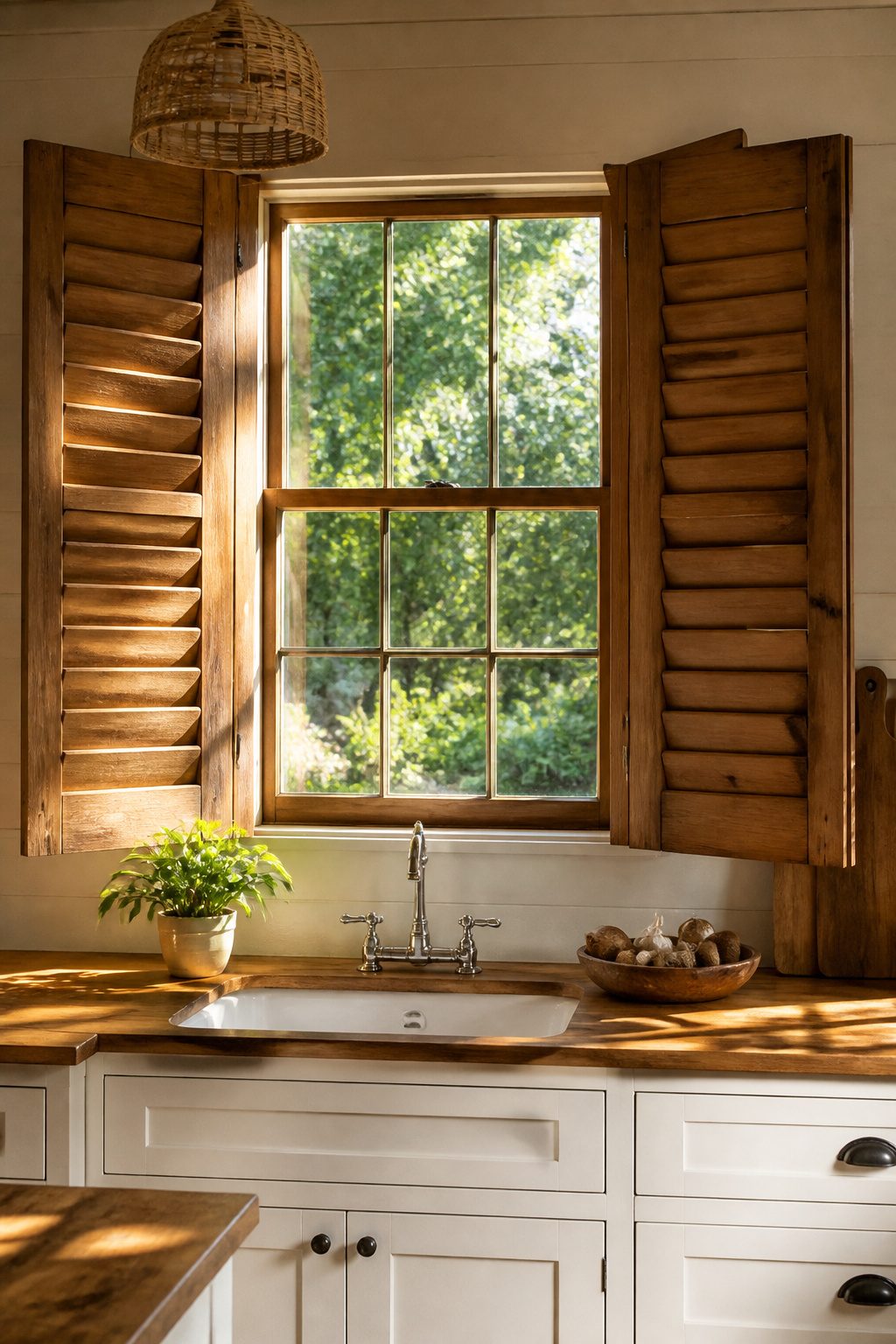 Cedar shutters on a kitchen window with decorative elements.