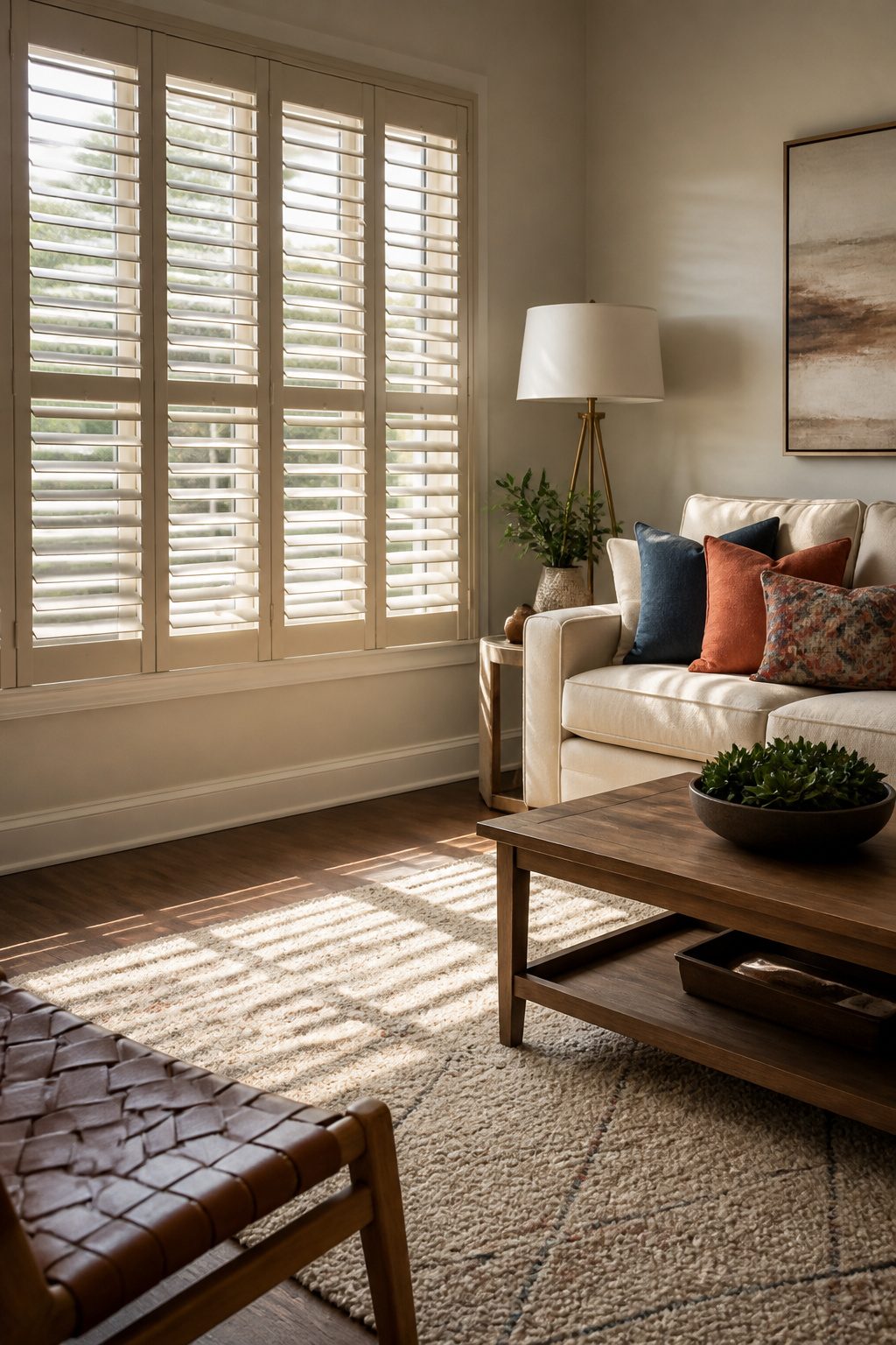 Composite shutters in a family room, resembling traditional wood.
