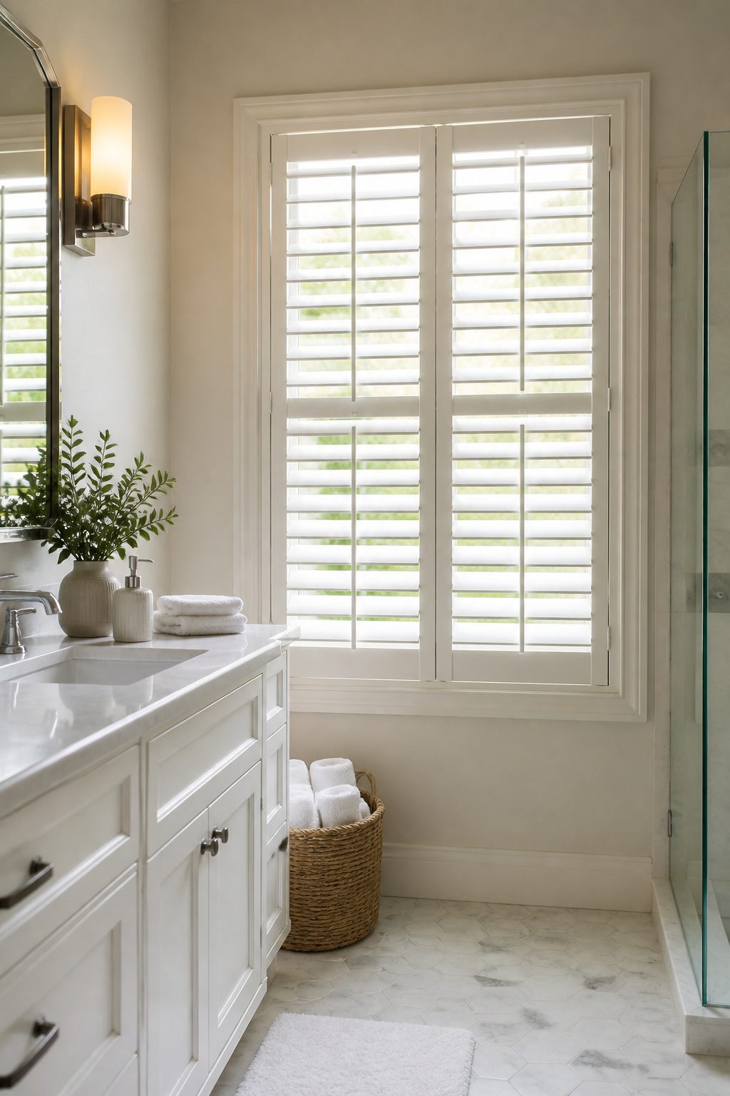 U-PVC Ecowood shutters in a bright bathroom.