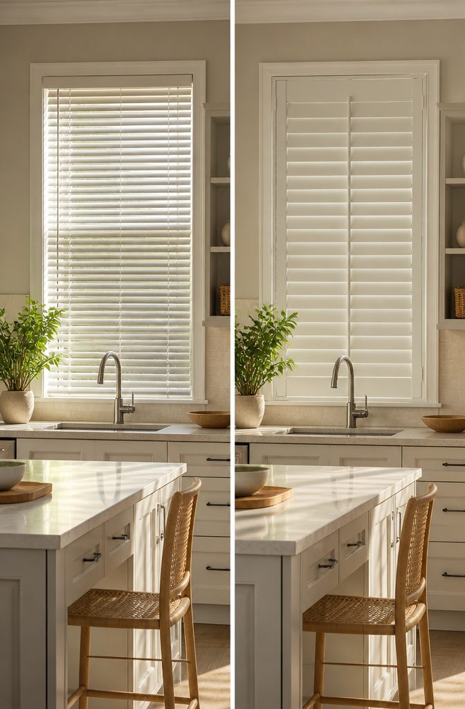 Faux wood shutters designed to resist humidity and wear.