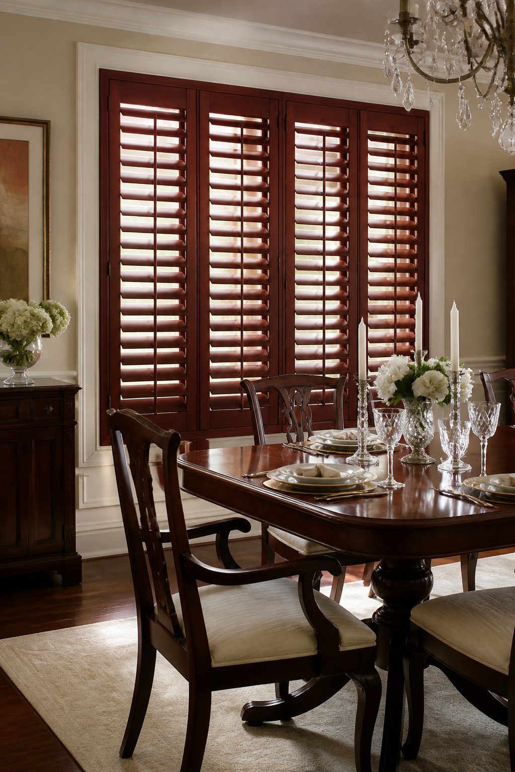 Rich mahogany shutters on a large window in a dining room.