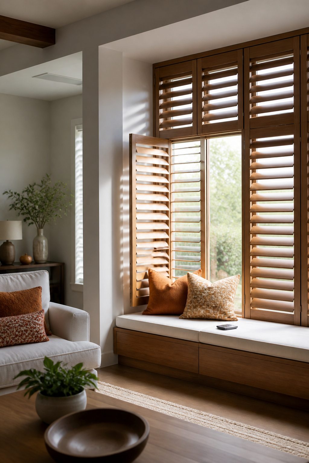 Modern motorized wooden shutters in a stylish living space.