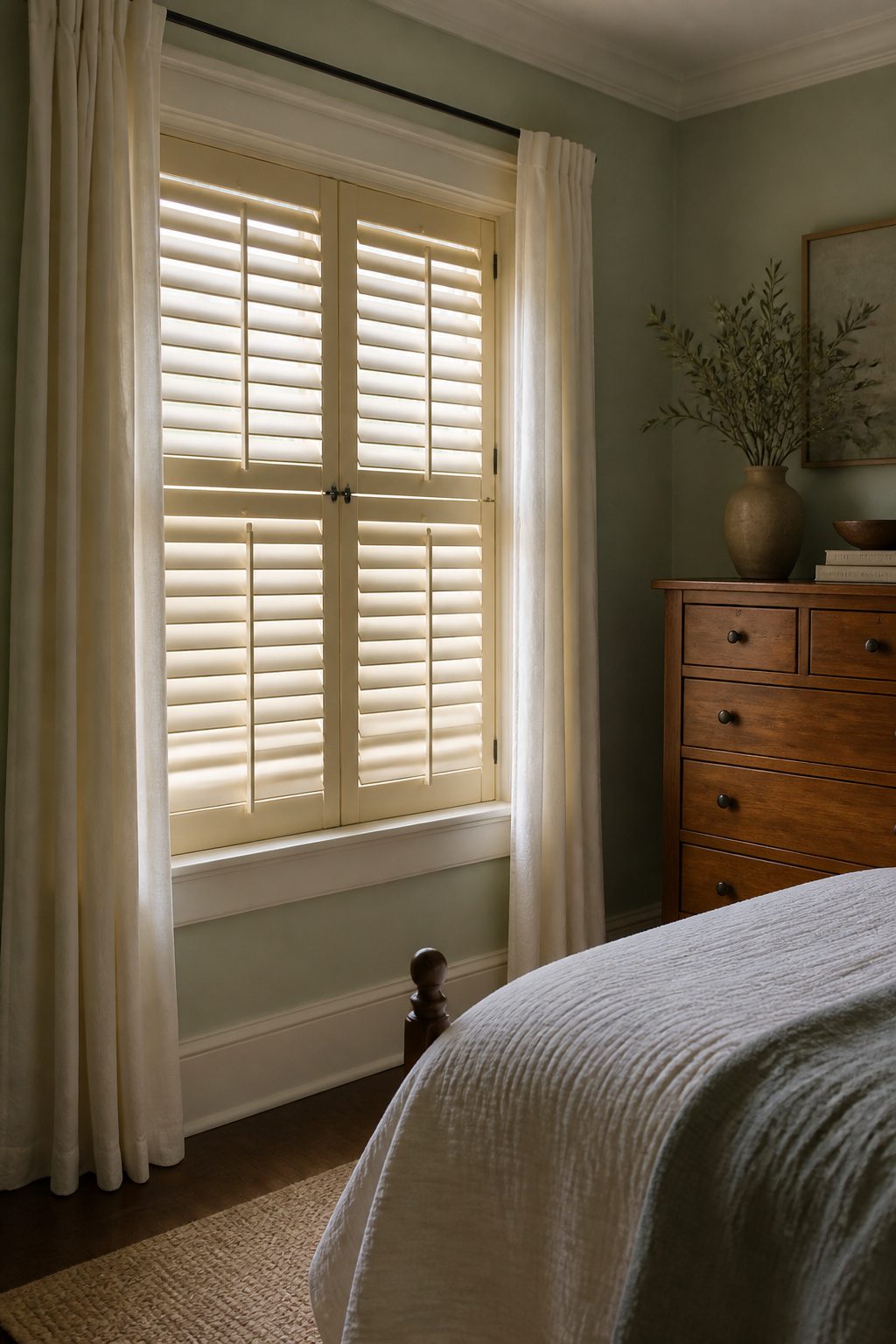 Pine shutters with a warm hue on a bedroom window.