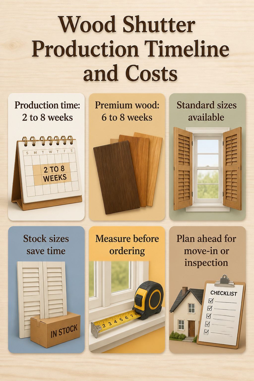 Graphic illustrating production timelines and costs for wood shutters.
