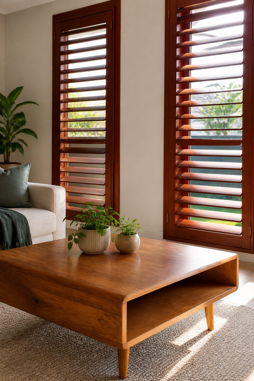 Elegant Red Grandis shutters in a spacious living area.