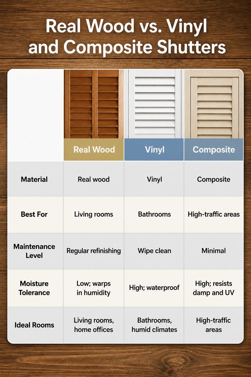 Comparison of real wood and synthetic shutters.