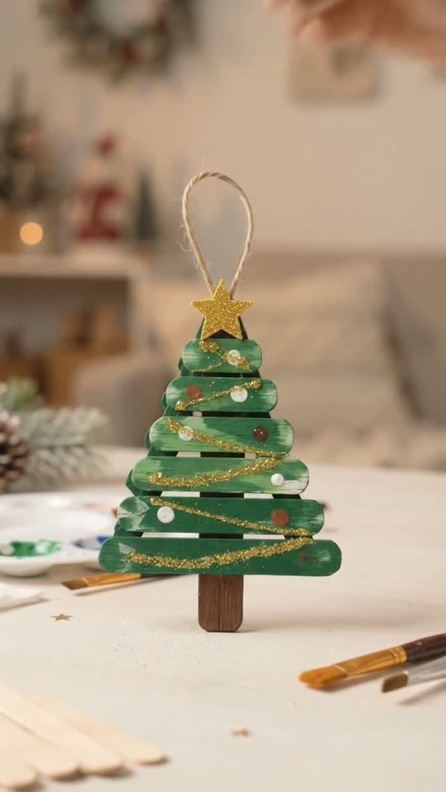 32 Xmas Gifts to Make: Easy Ideas for Handmade Holiday Presents 17 A green Christmas tree ornament made of stacked craft sticks with gold glitter and a star.