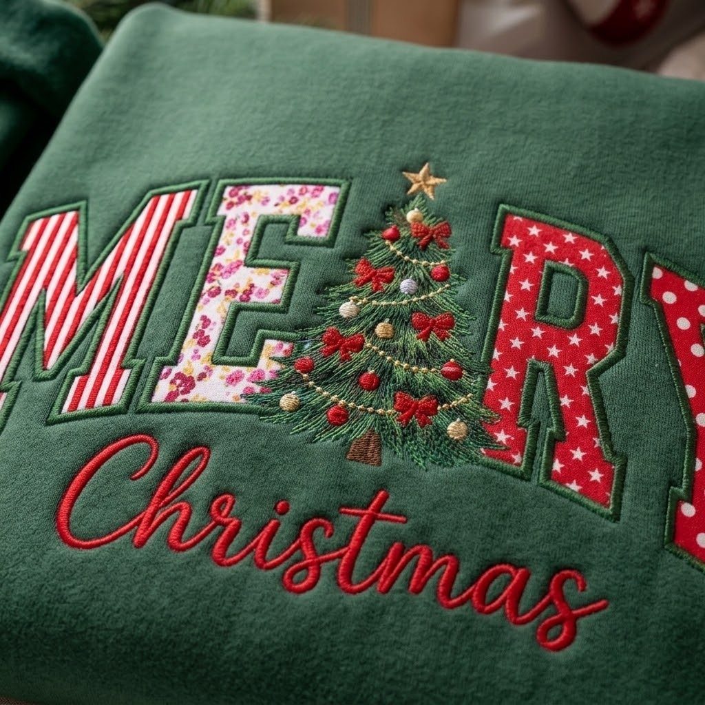 32 Xmas Gifts to Make: Easy Ideas for Handmade Holiday Presents 8 Embroidered green fabric featuring the words Merry Christmas and a small decorated Christmas tree.