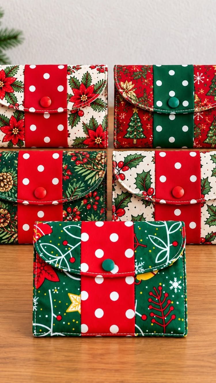 32 Xmas Gifts to Make: Easy Ideas for Handmade Holiday Presents 29 Five Christmas patterned fabric pouches with button closures arranged on a wooden table.
