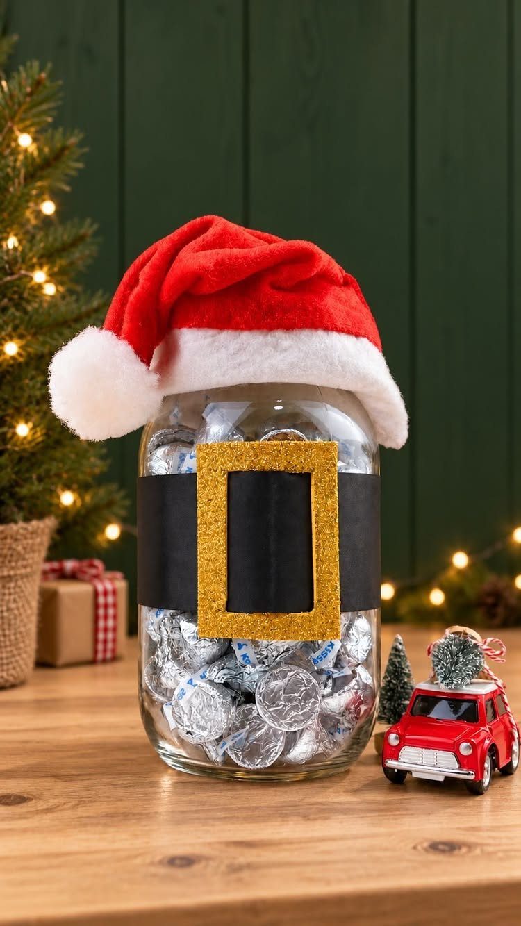 32 Xmas Gifts to Make: Easy Ideas for Handmade Holiday Presents 1 A decorated mason jar filled with silver chocolates, wearing a Santa hat and belt.